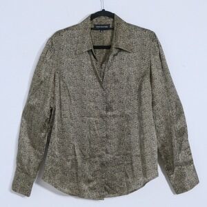 Jones New York Womens Shirt 14 Brown Silk Blend Herringbone Print Earthy Neutral